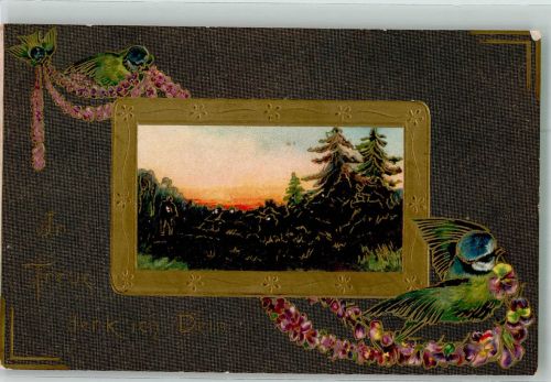 In Treue denk ich Dein Dämmerung über dunklem Tannenwald Vögel auf Blumengirlande Golddruck Blumensprache 1903 Prägedruck
