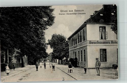 27211 W2830 Bassum 1910 - Bremen-Osnabrücker-Chaussee Hotel Buschmann Kinder Hund Bahnpost Hannover-Hamburg Zug 71