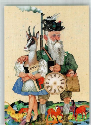 sign. Prechtl Die Prinzregentenzeit im Stadtmuseum Uhr Jagd Frau mit Gemsenkopf Simplicissimus Künstlerkarte