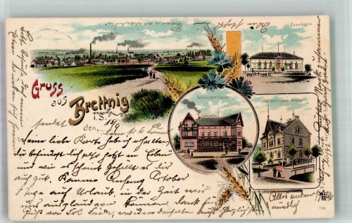 01900 O8513 Bretnig 1898 Lithographie Kais. Postamt Turnhalle Gasthaus Schützenhaus