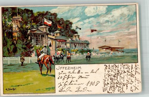 76473 W7557 Iffezheim 1908 Lithographie / Künstlerkarte Galopp-Pferderennbahn Tribüne Rennpferde sign. Junker