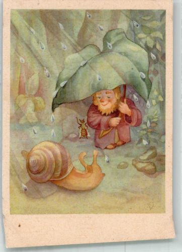 Zwerg mit einer Weinbergschnecke im Regen Schnecke Künstlerkarte