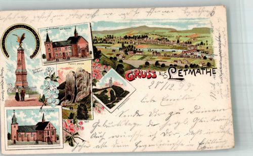 58636 W5860 Letmathe 1899 Lithographie Kriegerdenkmal Kath. Kirche Aussichtsturm Felsformation Pater und Nonne