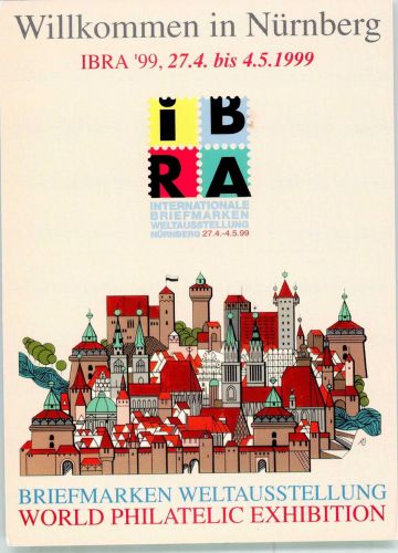 W8500 Nürnberg Breifmarken-Weltausstellung Philatelie Panorama der mittelalterlichen Stadt Philatelistentag 1999 Künstlerkarte