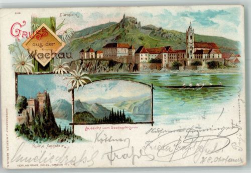 3601 Dürnstein 1897 Gebrauchsspuren Burg Dürnstein Ruine Aggstein Lithographie