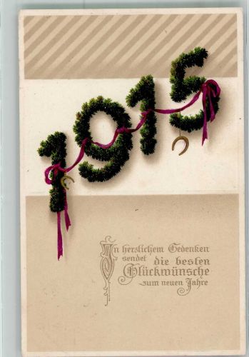 1915 aus Tannengrün Neujahr Hufeisen Maschinenstempel Jahreszahl 1915 Prägedruck