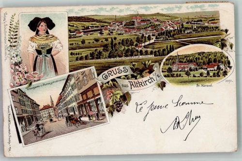 68130 Altkirch 1908 Gebrauchsspuren Tracht Frau Kreuzgasse Muttergottesbrunnen St. Moraud Lithographie