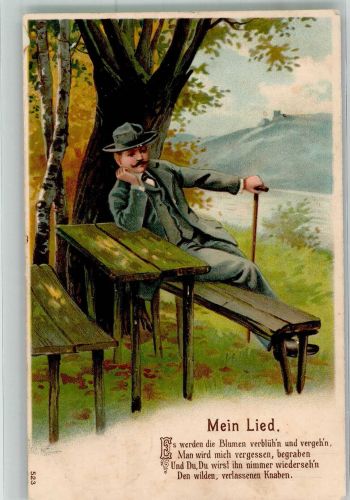 Trauriger einsamer Mann auf einer Bank an einem Fluss Trauer 1903 Prägedruck