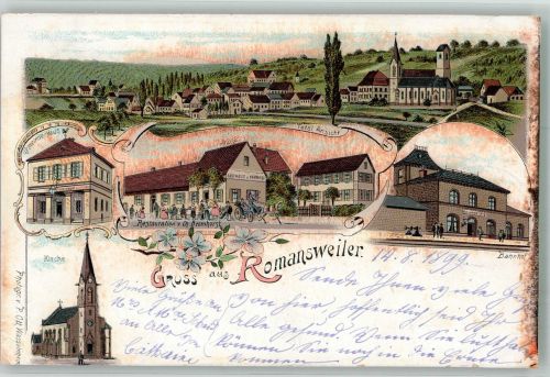 67310 Romanswiller Romansweiler 1899 Gebrauchsspuren Bahnhof Gasthaus Rathaus Kirche Lithographie