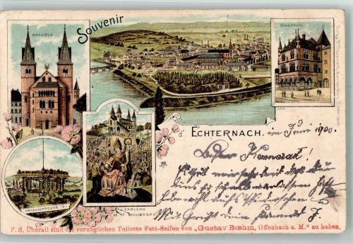 Echternach 1900 Gebrauchsspuren Kirche Basilika Troskneppchen Dingstuhl Lithographie
