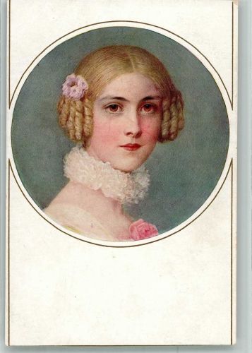 Frau mit mittelalterlichem Haarschmuck Passepartout Verlag M. Munk Nr. 915 Haarmode Künstlerkarte