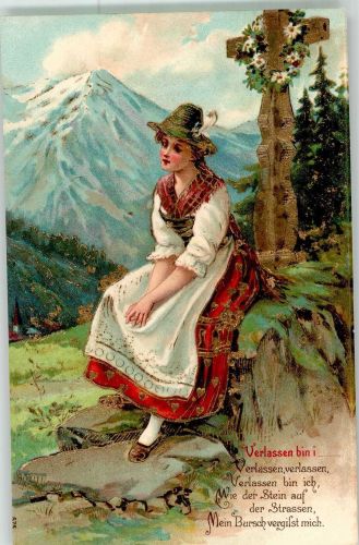 Junge Frau in alpenländischer Tracht trauert ihrem Liebsten nach Poesie / Liebe Trachten Bayern Prägedruck