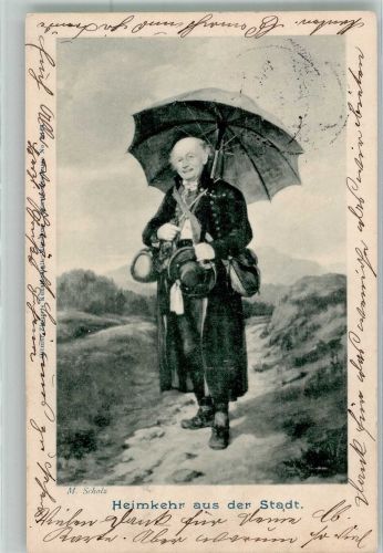 sign. Scholz Heimkehr aus der Stadt Zieher Ottmar 1900 Lithographie / Künstlerkarte
