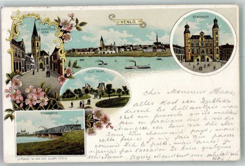 5911 Venlo 1899 Gebrauchsspuren Rathaus Maasbrücke Kirche St.Martinus Lithographie