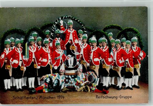 W8000 München Schäfflertanz Reifschwunggruppe Fotograf Ostermayr Trachten Bayern 1914