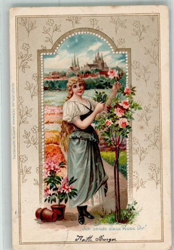 Junge Frau pflegt ein Rosenstämmchen Verlag Hermann Martin Blumensprache 1902 Prägedruck
