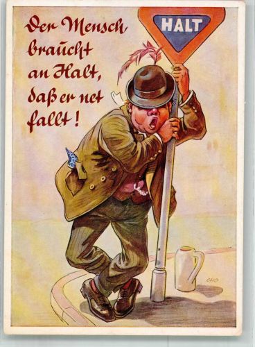 Betrunkener Mann hält sich am Halteschild fest Humor Verlag August Lengauer Nr. 3116 Sonderstempel Trinker Künstlerkarte