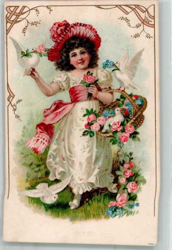 Mädchen im weißen Kleid mit einem Korb voller Rosen und Vergissmeinnicht Bay. Bahnpost Taube 1908 Prägedruck