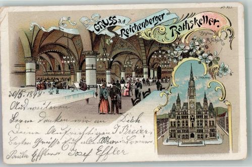 Liberec Reichenberg i. Böhmen 1898 Gebrauchsspuren Gasthaus Ratskeller Rathaus Lithographie