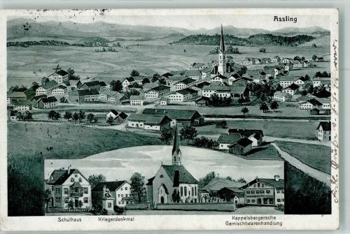 83565 W8019 Aßling - Schule Kriegerdenkmal Kolonialwaren Kappelsberger Bahnpost Berchtesgaden-München Zug 814