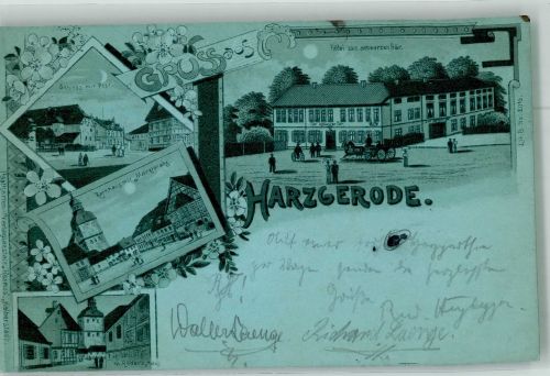 06493 O4306 Harzgerode 1900 Lithographie / Mondschein Rathaus Marktplatz Hotel zum schwarzen Bär