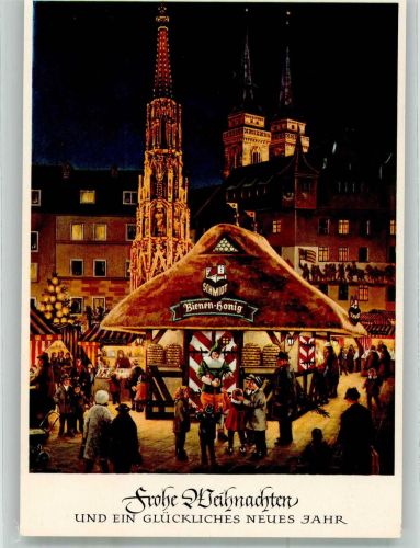W8500 Nürnberg Christkindle-Markt mit Stand Bienen-Honig Schmidt vor Schönem Brunnen Neujahr Weihnachten Biene Künstlerkarte