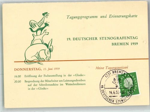W2800 Bremen 19. Deutscher Stenografentag Tagungsprogramm und Erinnerungskarte Stenographie 1959 Sonderstempel