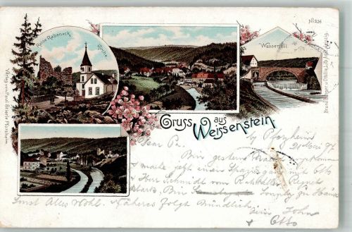 73111 W7329 Weißenstein , Württ 1897 Lithographie Ruine Rabeneck Wasserfall