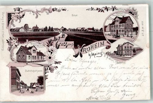 64569 W6085 Nauheim , Kr Groß-Gerau 1900 Lithographie Bahnhofstrasse Grossherzogl. Bürgermeisterei Postam Bahnhof Gasthaus zum Deutschen Kaiser Bahnpost Mainz-Aschaffenburg Zug 652