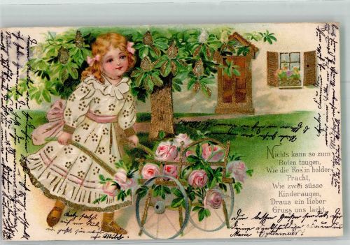 Mädchen mit einer Schubkarre voller Rosen Golddruck M.S.i.B. 285 Blumensprache 1904 Prägedruck