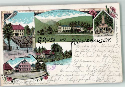 37586 W3354 Relliehausen 1899 Lithographie Remore Depot Rolfs Denkmal Gasthaus Schleifmühle Bahnpost Kassel-Zug 390