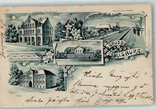 30159 W3014 Misburg 1904 Lithographie / Mondschein Schule Geschäft Asendorf Bahnhof Försterei