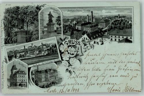 As Asch 1898 Gebrauchsspuren Denkmal Josef II. Martin Luther kath. Kirche Volksschule Rathaus Lithographie