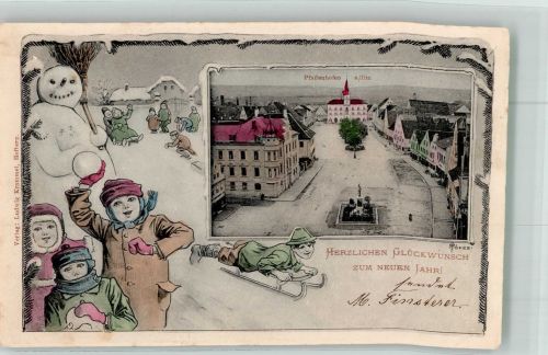 85276 W8068 Pfaffenhofen a d Ilm 1905 - Schnneemann Schneeballschlacht Rodelschlitten Marktplatz Pfaffenhofen Neujahreskarte