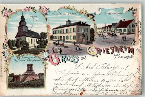 64347 W6103 Griesheim , Hess 1897 Lithographie Kriegerdenkmal Schule Mausoleum v. Prinz Friedrich v. Hessen Darmstädterstrasse