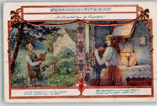 sign. Ezel Junger Mann musiziert auf Gitarre für seine Liebste am Fenster Bund der Deutschen in Niederösterreich Nr. 143 Maschinenstempel Schulvereinähnliche 1923 Künstlerkarte
