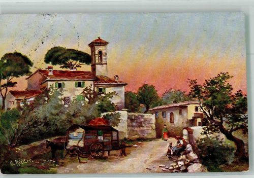 sign. Rieder Buntes Pferdefuhrwerk vor Ort in südländisch anmutender Landschaft HSM Serie 902 Zigeuner 1909 Künstlerkarte