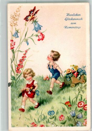 Zwei Kinder auf bunter Blumenwiese Schmetterling Amag 67 Landpost Hürbel Notopfermarke Namenstag Künstlerkarte