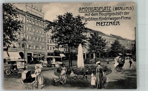 10115 O1020 Friedrichshain Fotomontage AK Andreasplatz Hauptgeschäft der Firma Metzner Korbwaren & Kinderwagen-Spezialhaus Kinderwagen Springbrunnen