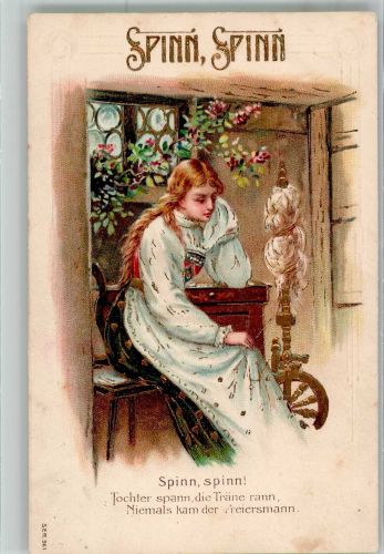 Traurige junge Frau am Spinnrad Poesie / Liebe Spinnerei 1912 Prägedruck