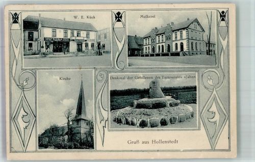 21279 W2114 Hollenstedt , Nordheide - Geschäftshaus Kück Molkerei Kirche Denkmal der Gefallenen des Turnvereins Jahn Bahnpost Buchholz Zug 948