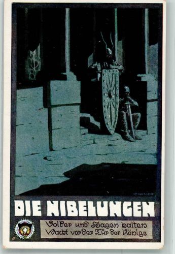 sign. Kutzer Die Nibelungen Volker und Hagen halten Wacht vor der Tür der Könige Katholischer Schulverein für Österreich Schulvereinähnliche Künstlerkarte