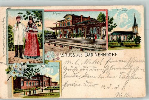 31542 W3052 Bad Nenndorf 1902 Lithographie Trachtenpaar Kgl. Schlammbad Bahnhof Ev. Kirche Bahnpost Wetzen