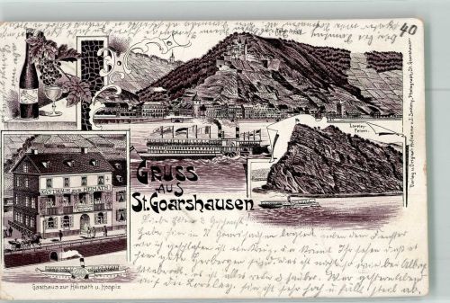 56346 W5422 St. Goarshausen 1903 Lithographie Loreley-Felsen Gasthaus zur Heimat Rhein-Salondampfer