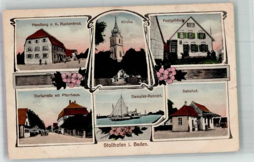 77836 W7587 Stollhofen , Baden 1918 - Kirche Dorfstrasse Pfarrhaus Dampfer Ruhrort Bahnhof Post