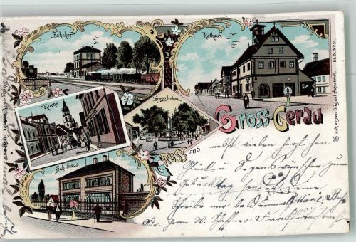 64521 W6080 Groß-Gerau 1901 Lithographie Rathaus Bahnhof Kriegerdenkmal Schule