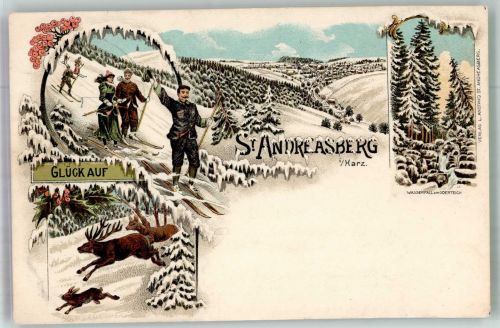 37444 W3424 St. Andreasberg 1899 Winterlithographie Skiläufer Wildflucht Tannen Wasserfall Bahnpost Scharzfeld-Andreasberg Zug 222