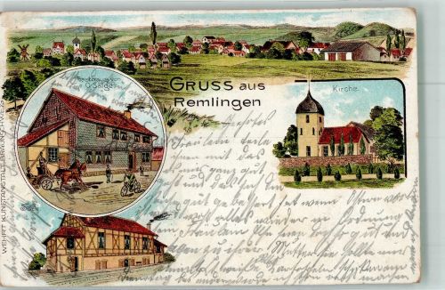 38319 W3346 Remlingen , Kr Wolfenbüttel 1905 Lithographie Dorfkirche Gasthaus Salge Bahnhof Bahnpost Braunschweig