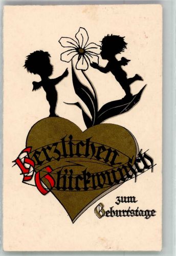 Geburtstag Kleine Engel mit Blume und Herz Scherenschnitt 1934 Künstlerkarte