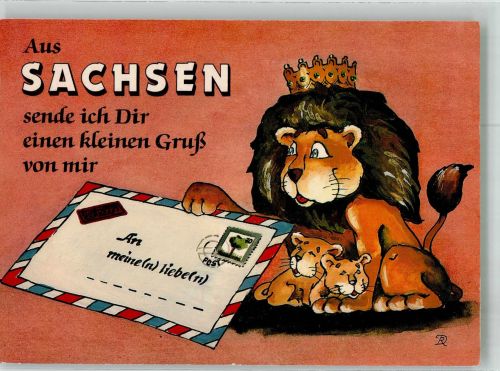 Der sächsische Löwe mit einem Brief in die Heimat Löwe Künstlerkarte
